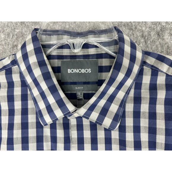 Bonobos Shirt Men Large Slim Fit Button Up Long Sleeve Gray Blue Plaid Check - Picture 9 of 10